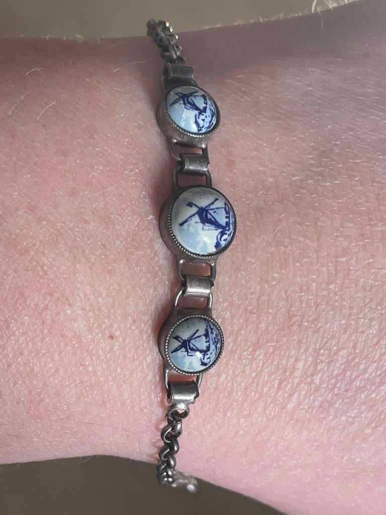 Antiek zilveren armband met porseleinen plaquette’s molen, Ophalen of Verzenden, Zilver, Armband