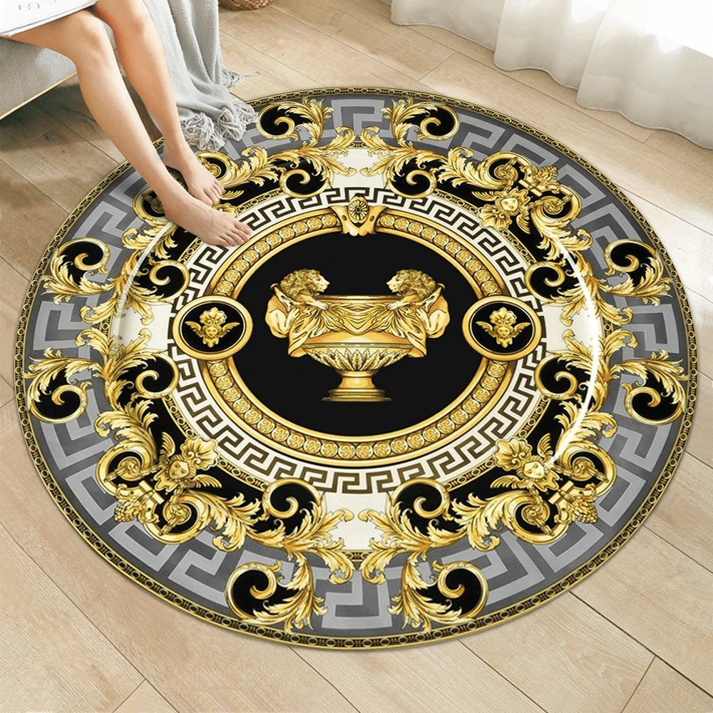 Grijs Wit Zwart Goud Barok Rond Vloerkleed Kleed Tapijt Luxe, 50 tot 100 cm, Verzenden, Grijs, Rond
