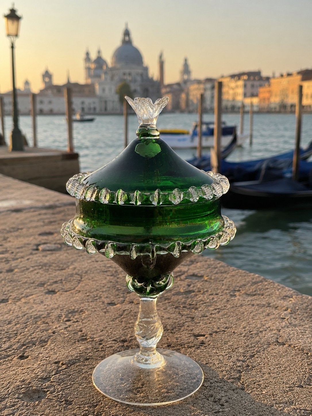 Murano bonbonnière van groen glas, jaren 50, Antiek en Kunst, Antiek | Glas en Kristal, Ophalen of Verzenden