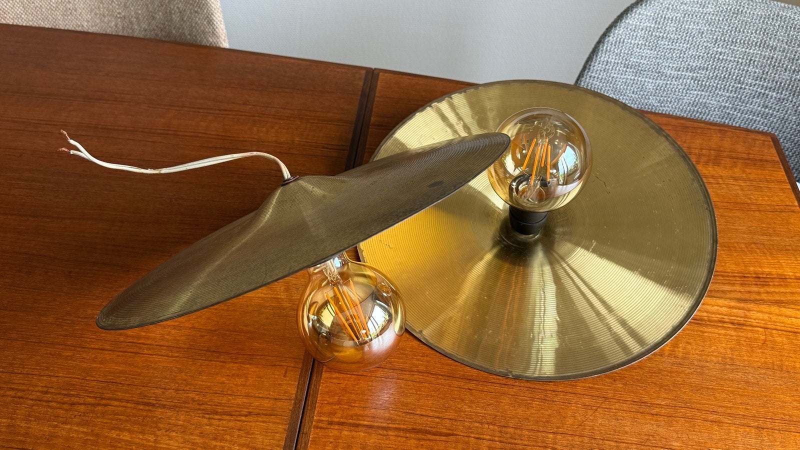 2 Hi-Hat lampen: koperen hanglampen met bakelieten fittingen, Gebruikt, Metaal, Industrieel, E27 (groot)