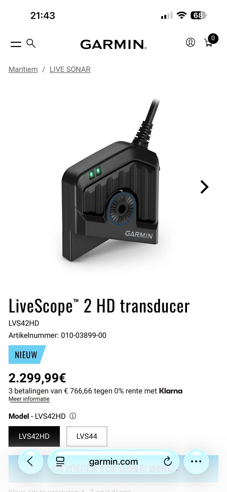 Garmin livescope 2 lvs42 Hd setje aangeboden, Watersport en Boten, Ophalen, Nieuw, Kaartplotter of Fish Finder
