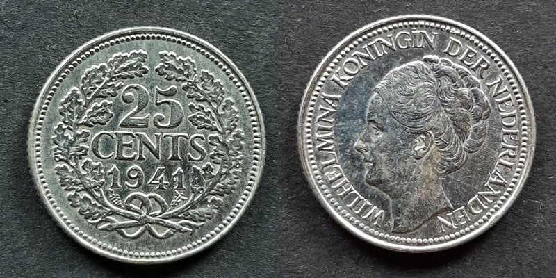 25 cent 1941 zilver  , Verzenden, Koningin Wilhelmina, 25 cent, Zilver