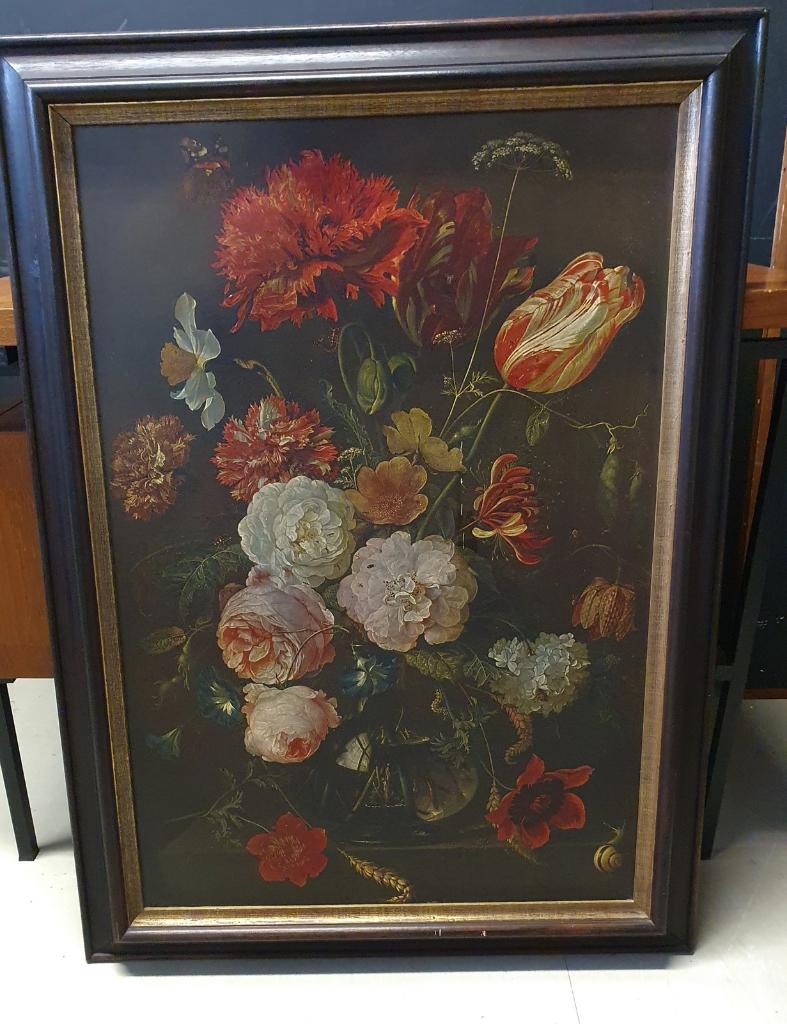 1875 Oude lijst met bloemen op linnen gedrukt Hollandse, Gebruikt, Ophalen of Verzenden, 75 cm of meer, 50 tot 75 cm