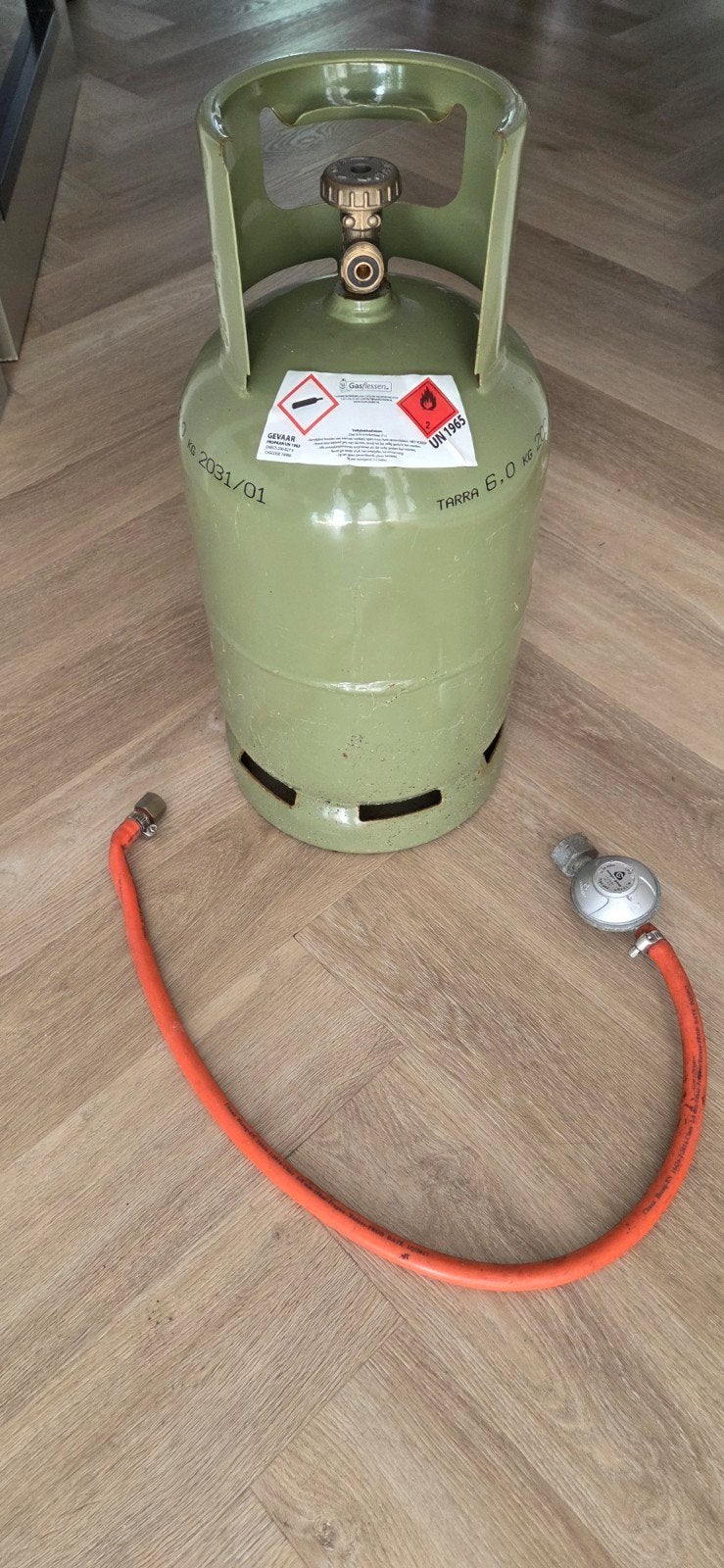 Gasfles 6 kg met slang en drukregelaar, Ophalen, Gebruikt
