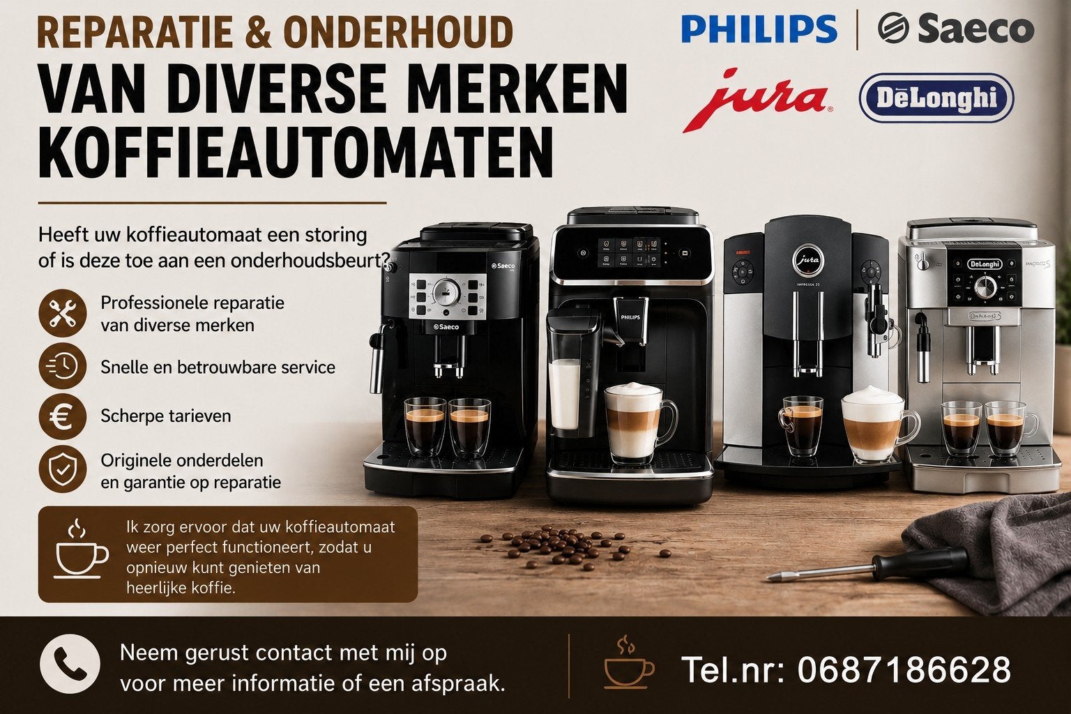 Koffieautomaten-reparatie-onderhoud -verkoop diverse merken, Ophalen