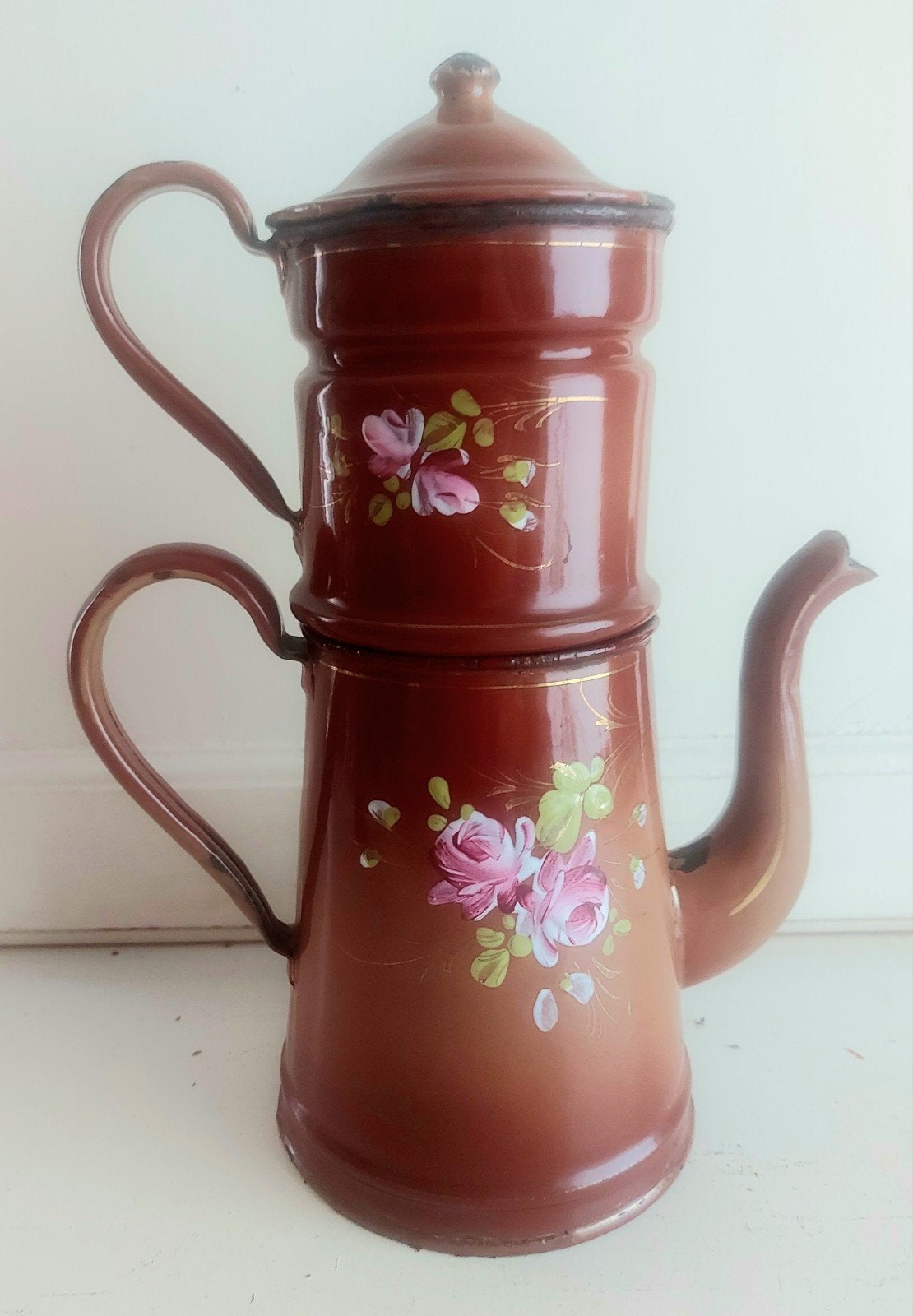 Antiek emaille cafetiere, koffiekan. Met bloemen, Ophalen