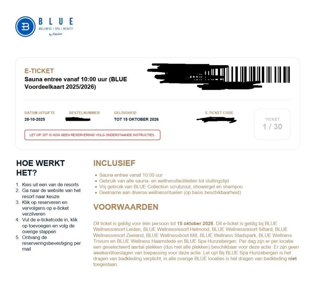 3 st Blue Wellness dagentree vouchers, Tickets en Kaartjes, Drie personen of meer, Cadeaubon, Spa of Sauna