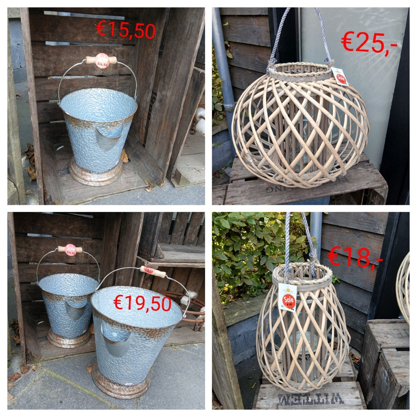 Decoratieve zinken emmers en rotan lantaarns, ., Overige stijlen, Nieuw, Ophalen of Verzenden