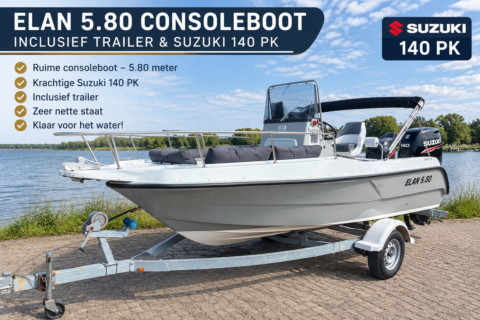 Elan 5.80 Consoleboot, Suzuki 140 PK,Incl. trailer,Vaarklaar, Overige merken, Kunststof, Gebruikt, Viertaktmotor