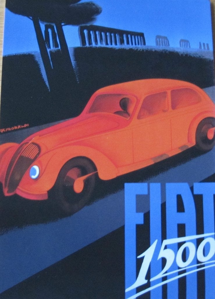 Poster op ansichtkaart - Fiat 1500 uit 1935 - nieuw, Verzenden, 1980 tot heden, Ongelopen, Voertuig