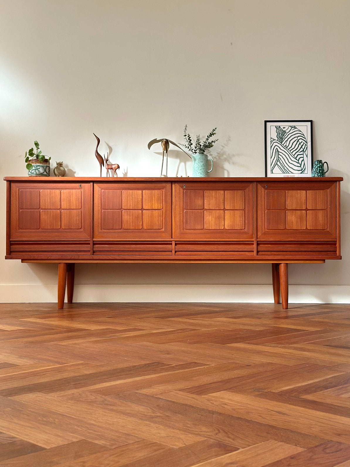 Vintage Noors design dressoir Nordås Bruk jaren 50/60/70, Ophalen, Teakhout, 200 cm of meer, Noors design
