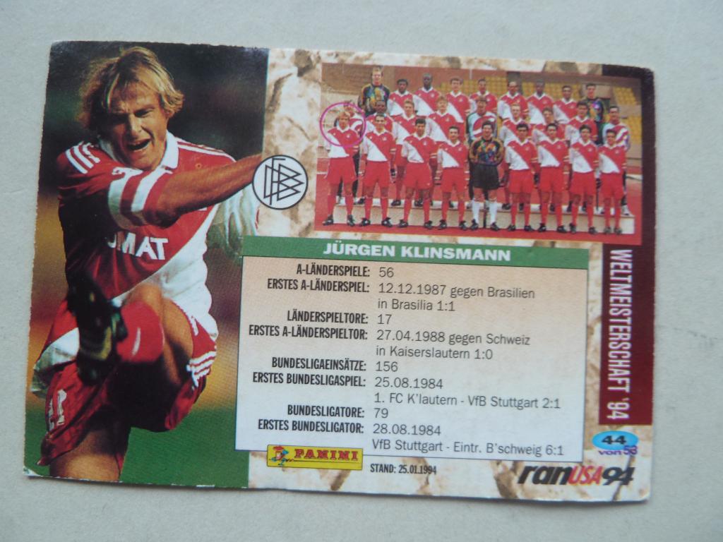Panini Ran USA 94 card Jurgen.Klinsmann, Verzamelen, Ophalen of Verzenden, Zo goed als nieuw, Buitenlandse clubs, Overige typen