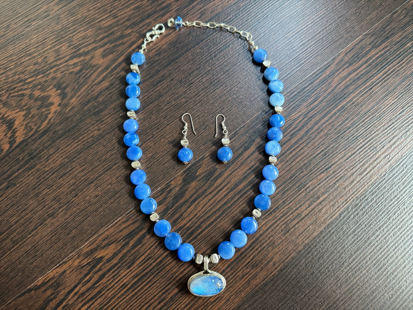 925 zilver, kyaniet hanger + kralencollier + oorbellen, Zo goed als nieuw, Met edelsteen, Zilver, Verzenden
