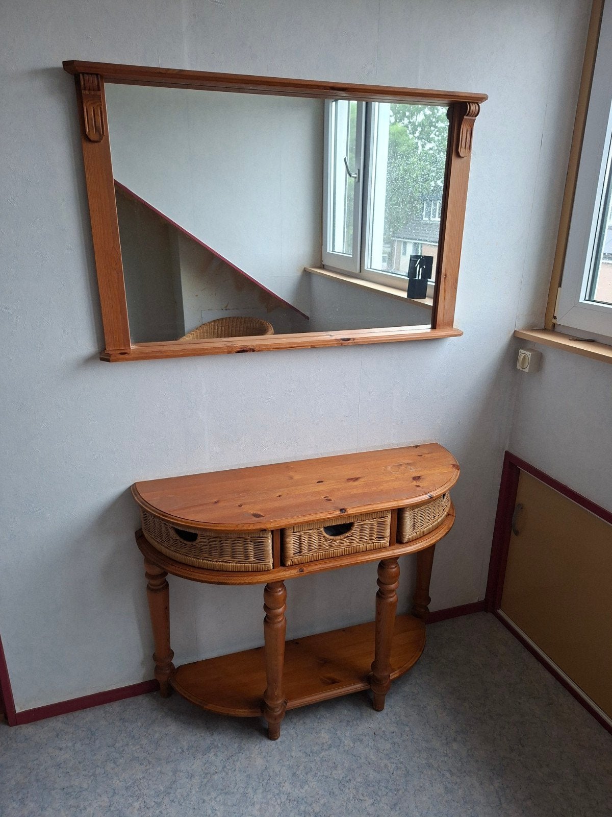 Rotan-grenen kaptafel met spiegel, Ophalen of Verzenden, Gebruikt, 50 tot 100 cm, Minder dan 100 cm