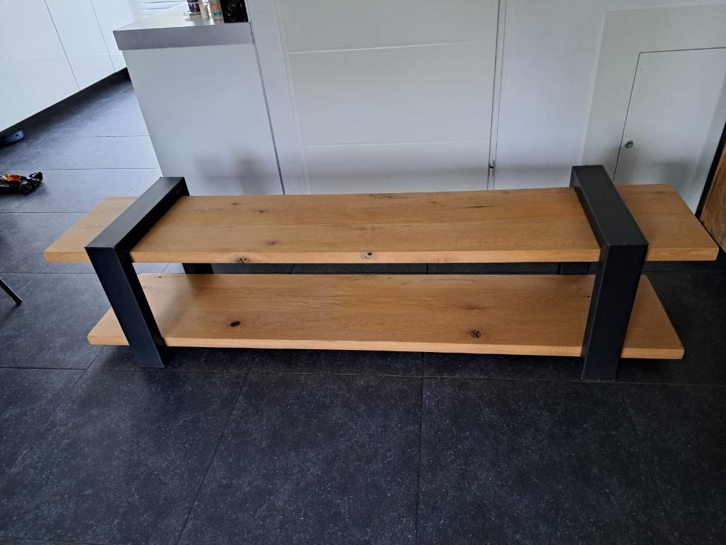 Tv meubel eiken met metaal als nieuw, Ophalen, 150 tot 200 cm, Zo goed als nieuw, Minder dan 100 cm