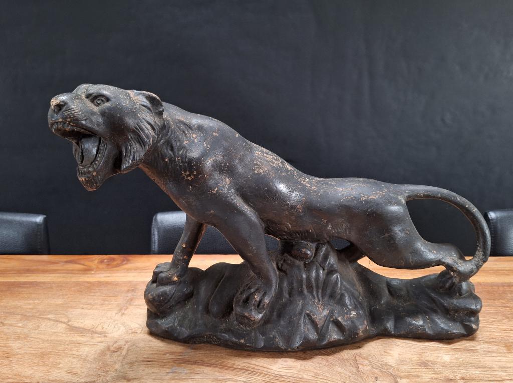 vintage antiek gipsen beeld leeuw tijger bruin h 27cm l 40cm, Ophalen of Verzenden
