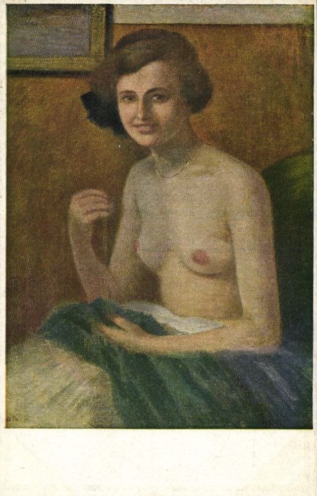 Schilderij K. Tschuppik Topless Jonge Vrouw, Ophalen of Verzenden, Voor 1920, Ongelopen, Overige thema's