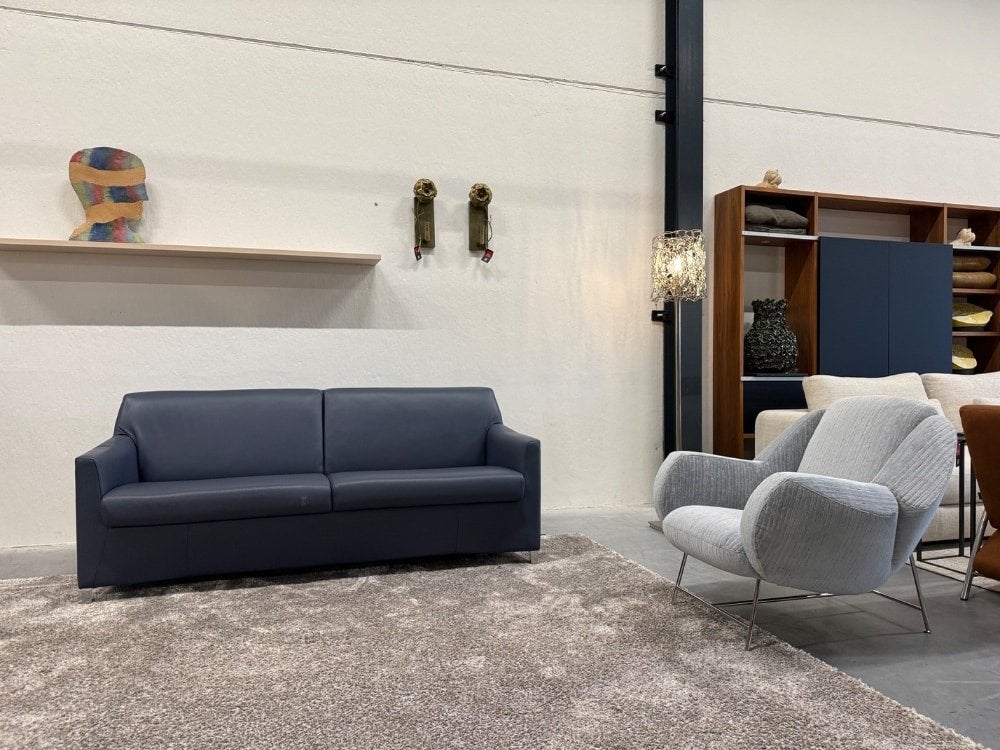Als nieuw Leolux Mayon bank 2,5 Zits Blauw leer 173, Leolux, Info@leolux.nl, 150 tot 200 cm, Tweepersoons