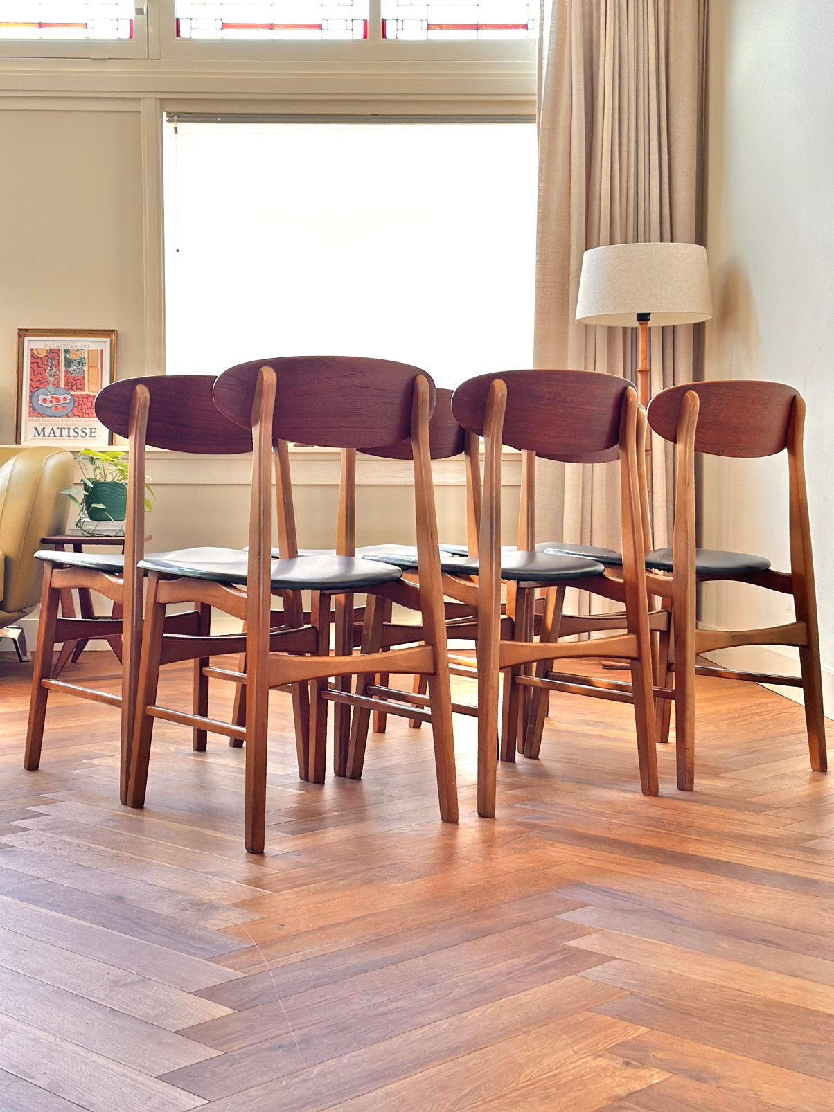 Set 6 vintage deense stoelen zwart teak hout jaren 50/60/70, Huis en Inrichting, Ophalen, Gebruikt, Zwart, Deens vintage