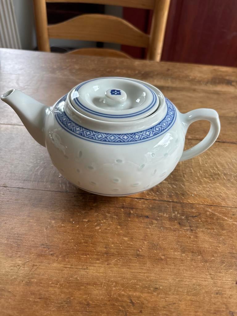 Chinese Rijstkorrelservies Theepot - Blauw/Wit Porselein, Antiek en Kunst, Antiek | Servies los, Ophalen of Verzenden