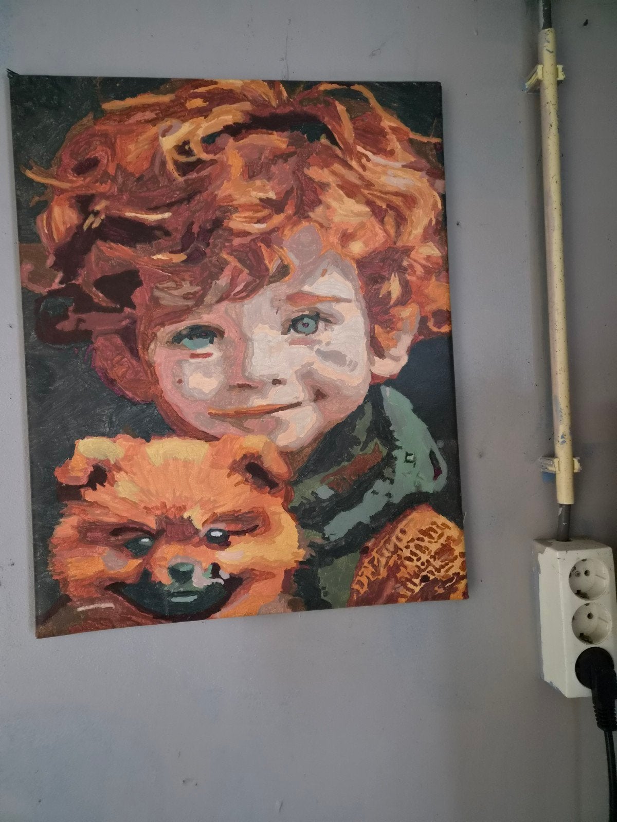 Schilderij: Jongen met hond, 50 – 75, Minder dan 50 cm, Oorspronkelijke maker, Nieuw