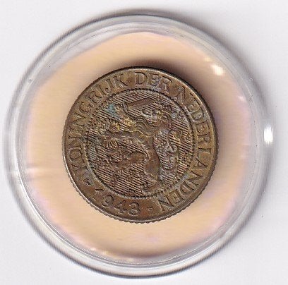 1 Cent 1943 PP Zeer Fraai   Geel met diverse muntkleuren, Verzenden, Koningin Wilhelmina, 1 cent, Losse munt