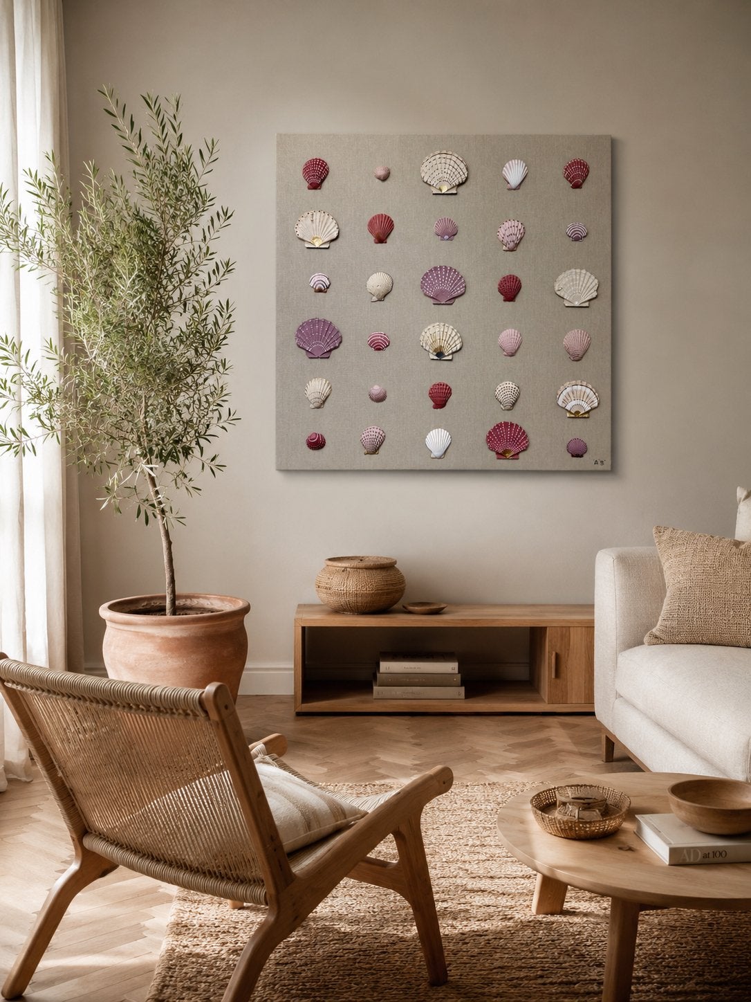 Groot paneel schelpen schilderij strand roze xxl japandi, Ophalen, Zo goed als nieuw, Nvt, Nvt
