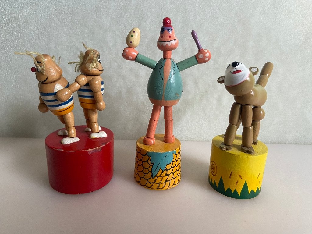 3 Druk-knijp  popjes figuurtjes dino hond boksers, Verzamelen, Poppetjes en Figuurtjes, Ophalen of Verzenden, Gebruikt