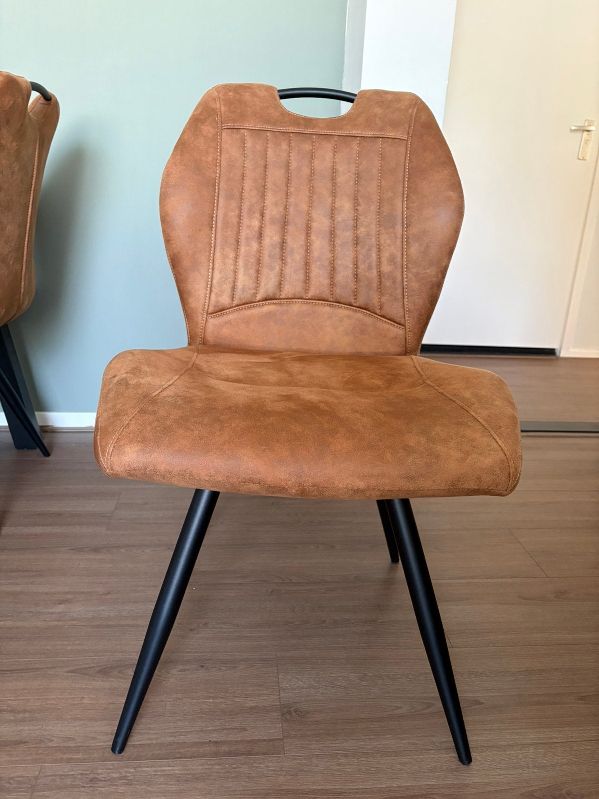 Suedelook cognac stoelen set van 4, Huis en Inrichting, Stoelen, Zo goed als nieuw, Vier, Leer, Bruin, Ophalen