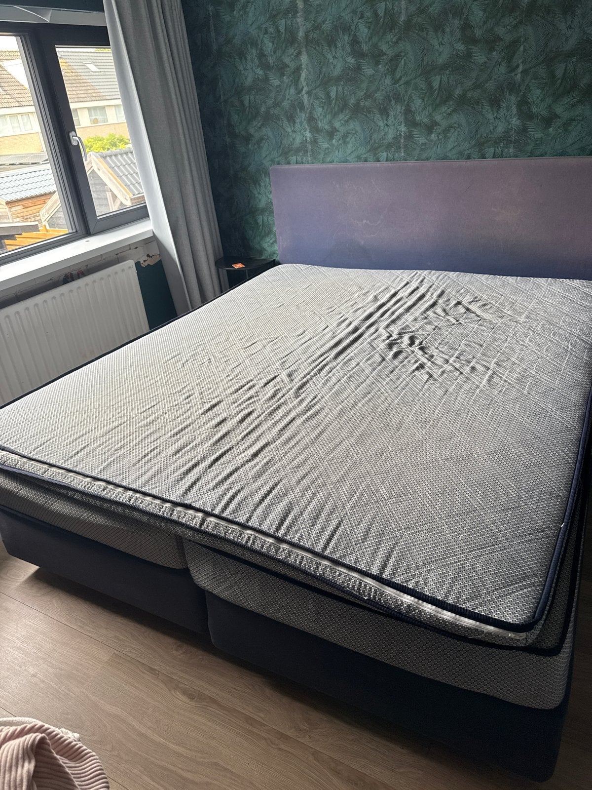 Boxspring 180x220 cm met hoofdbord, Ophalen, Gebruikt, Blauw, Tweepersoons
