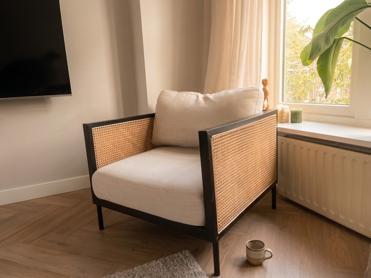 Mooie Retro Fauteuil - Beige met Rotan Details, Gebruikt, Overige kleuren, Ophalen of Verzenden, Eén