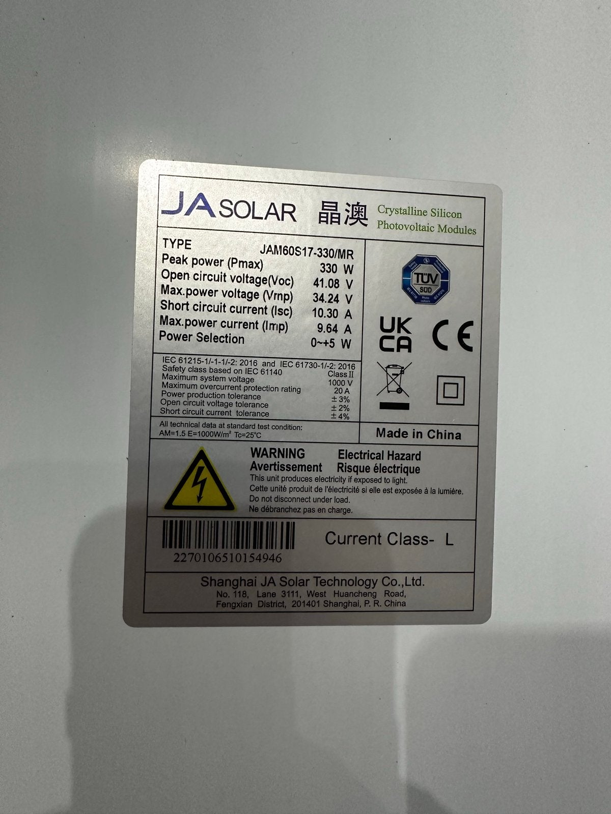 Zwart JA Solar PV Paneel 330W - 99,5x169cm, Ophalen of Verzenden, Nieuw, Paneel, 200 wattpiek of meer