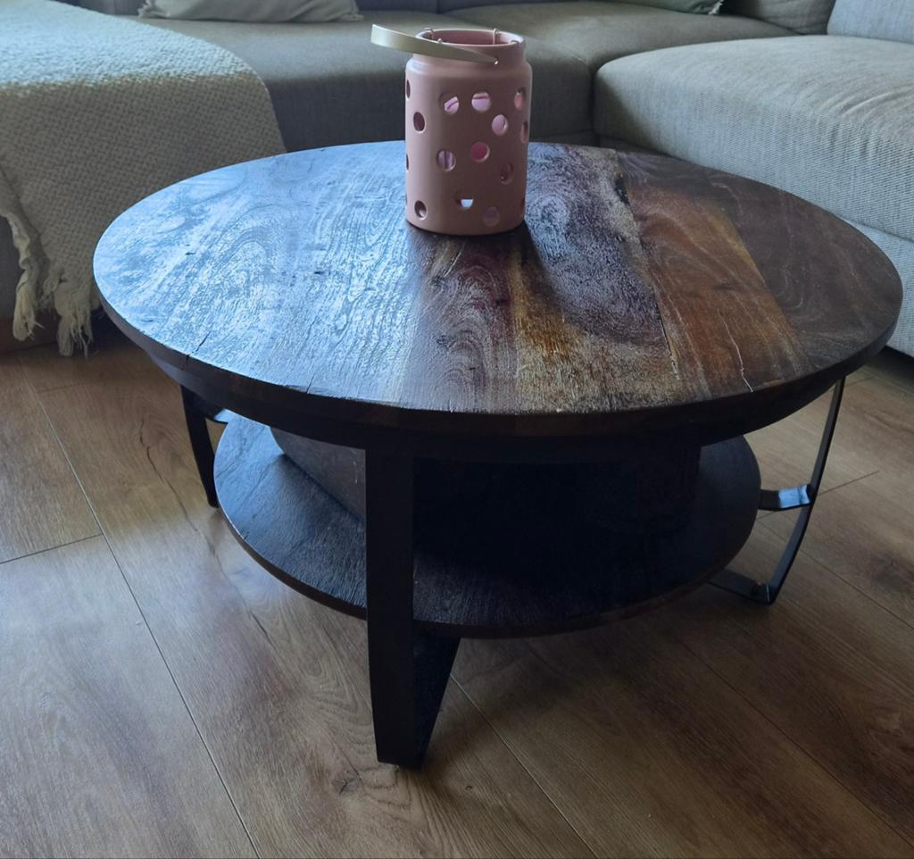 Donkerbruine mango houten salontafel, 50 tot 100 cm, Rond, Zo goed als nieuw, Minder dan 50 cm