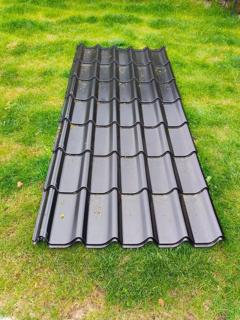 12x dakpanplaten, Doe-het-zelf en Verbouw, Dakpannen en Dakbedekking, Zwart, Zo goed als nieuw, 15 m² of meer, Metaal