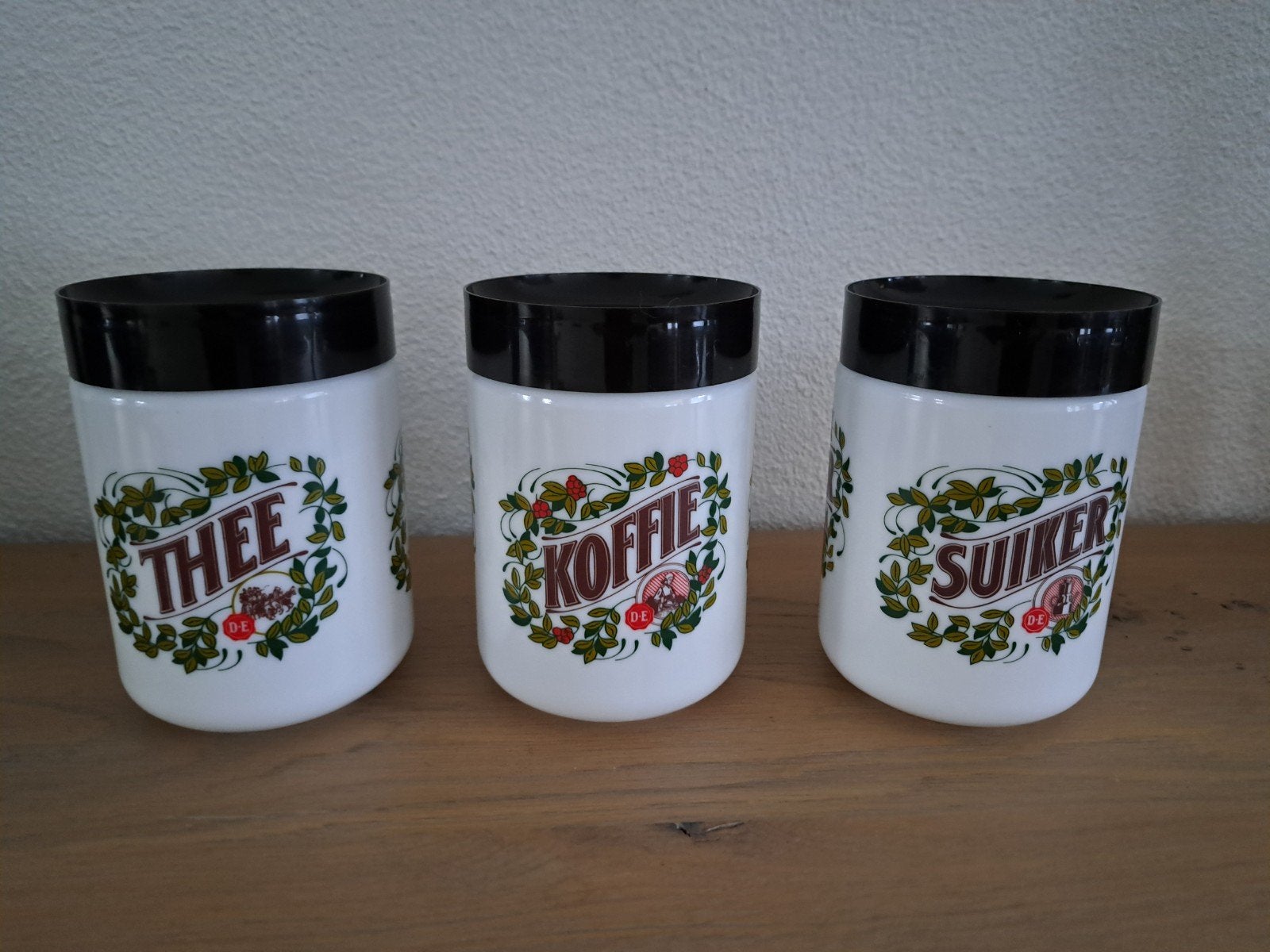 Set van drie vintage voorraadpotten voor thee koffie suiker, Huis en Inrichting, Keuken | Servies, Ophalen of Verzenden, Glas