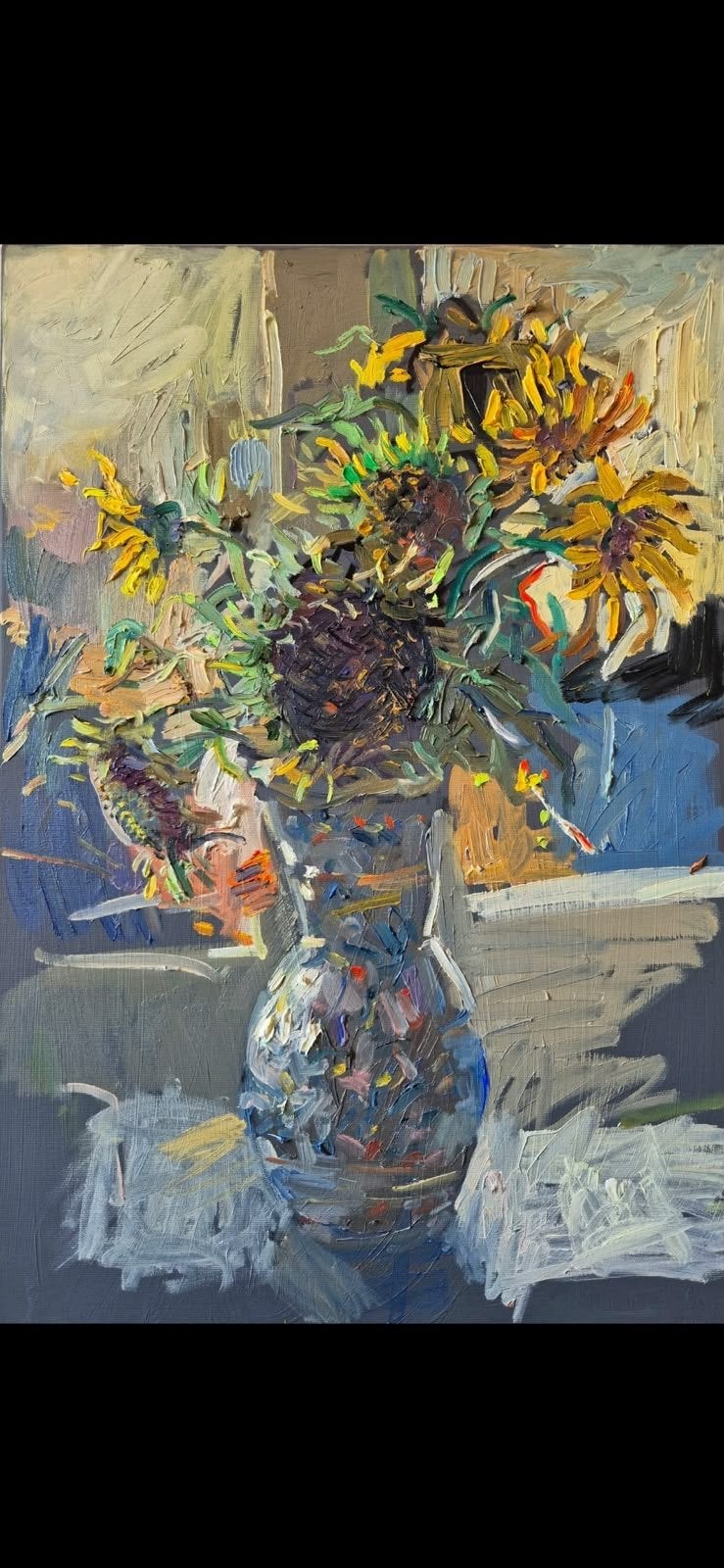 Olieverfschilderij “Zonnebloemen” 70x50 cm, Met textuur, Ophalen of Verzenden, Olieverf, Bloemen