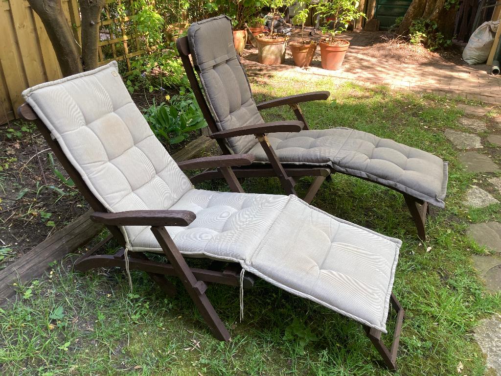 Tuinstoel deckchair met kussen (2x), Ophalen, Gebruikt, Teakhout, Verstelbaar