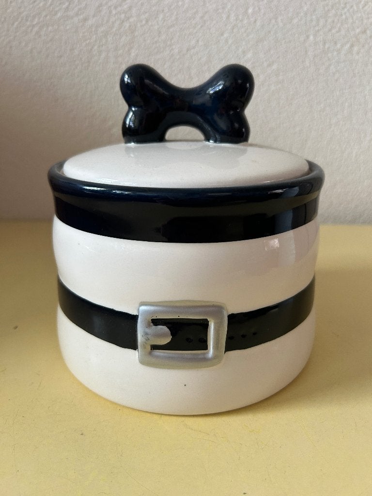 Keramische hondenkoekjes pot met kluif deksel wit zwart, Dieren en Toebehoren, Overige merken, Ophalen of Verzenden, Zo goed als nieuw