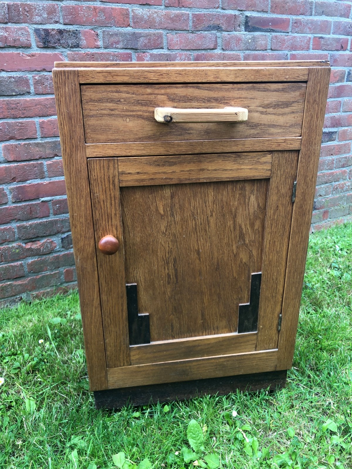 Vintage eikenhouten nachtkastje met lade en deurtje, Ophalen