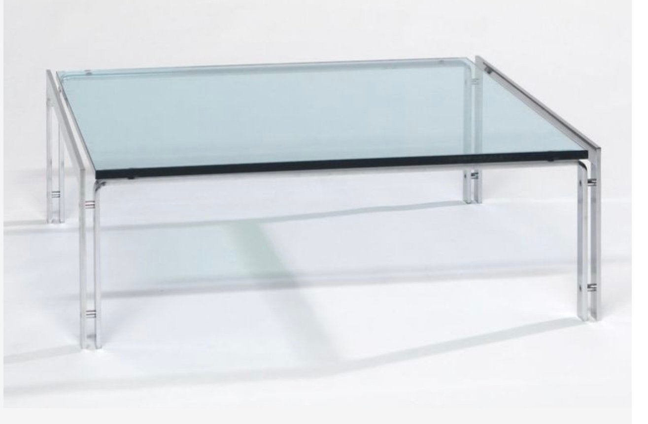 Metaform M-1 Salontafel - RVS onderstel, glazen blad, Ophalen, Gebruikt, 100 tot 150 cm, 50 tot 100 cm