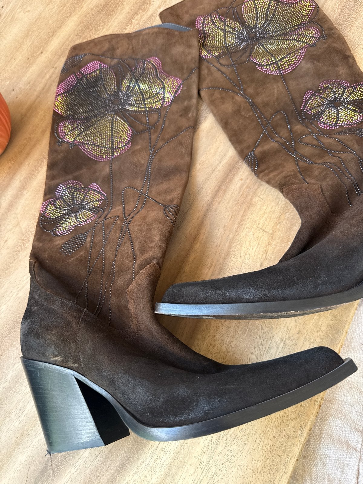 Fru.it Laarzen Maat 39 - Bruin Suede met Bloemenborduursel, Ophalen of Verzenden, Gedragen, Bruin, Hoge laarzen