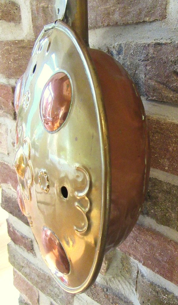 Vintage geel rood koperen bedpan messing bedkruik bedstoof, Verzenden, Gebruikt, Overige materialen