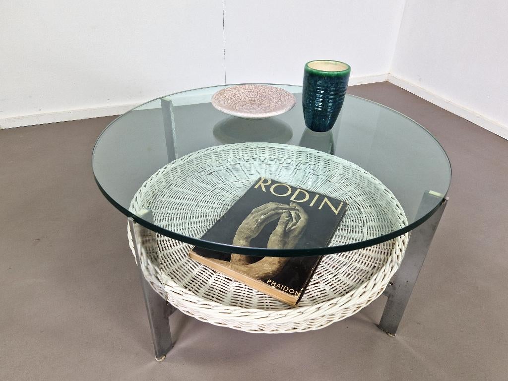 Stalen salontafel | Rotan mand | Glazen blad, Ophalen, Gebruikt, -, -