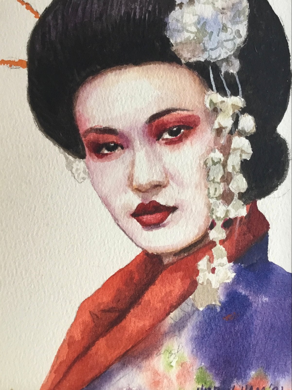 Aquarel Geisha door Nur Ilham, Antiek en Kunst, Ophalen of Verzenden
