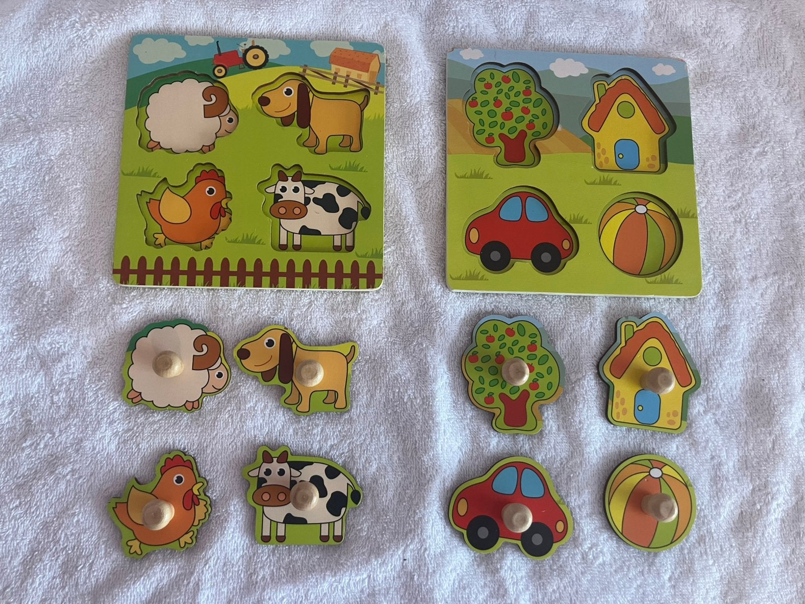 Houten insteekpuzzels: boerderijdieren en voertuigen, Ophalen of Verzenden, Zo goed als nieuw, Puzzelen