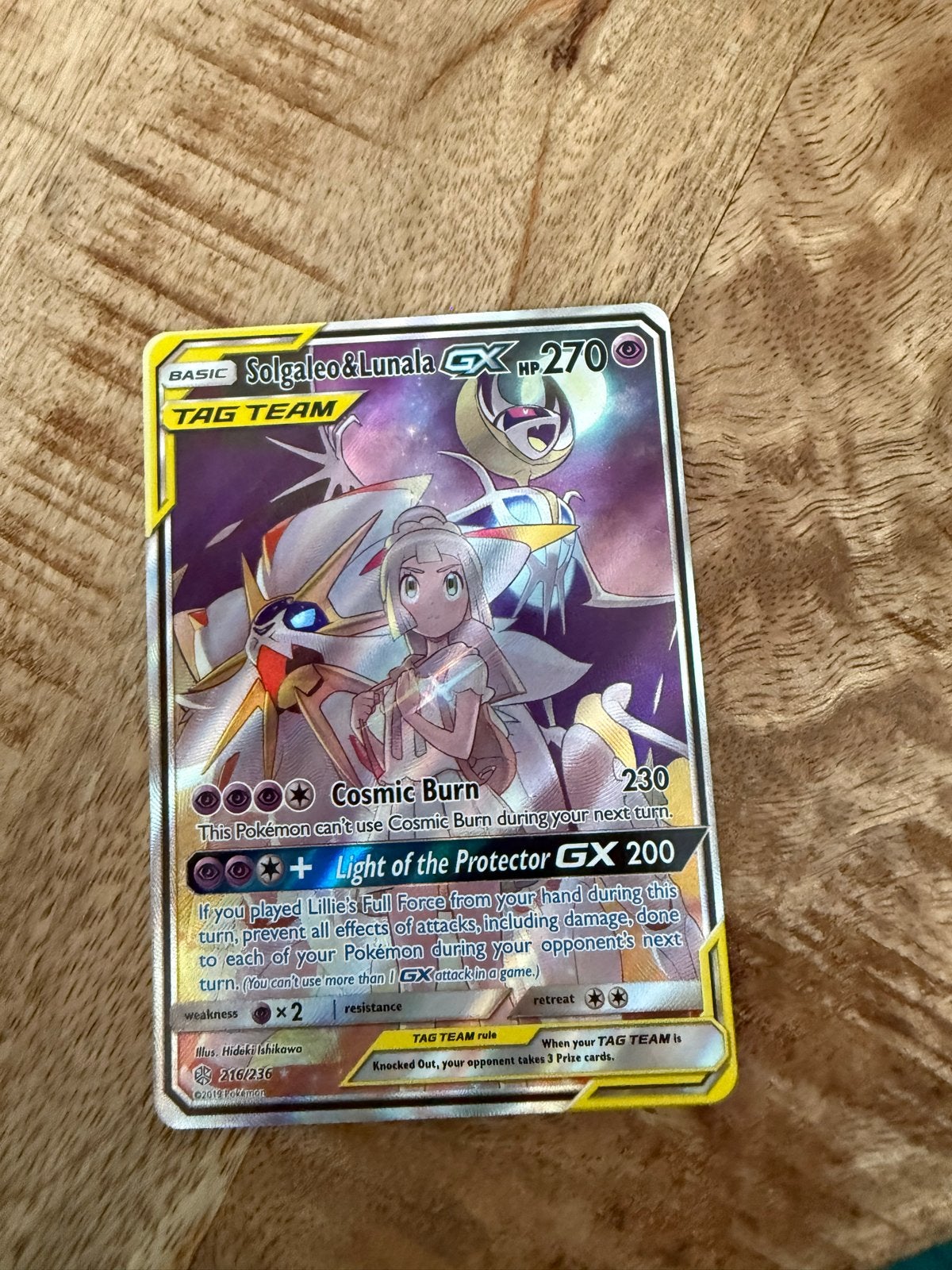 Pokémon kaart Solgaleo & Lunala GX TAG TEAM 270 HP, Ophalen of Verzenden, Zo goed als nieuw, Losse kaart