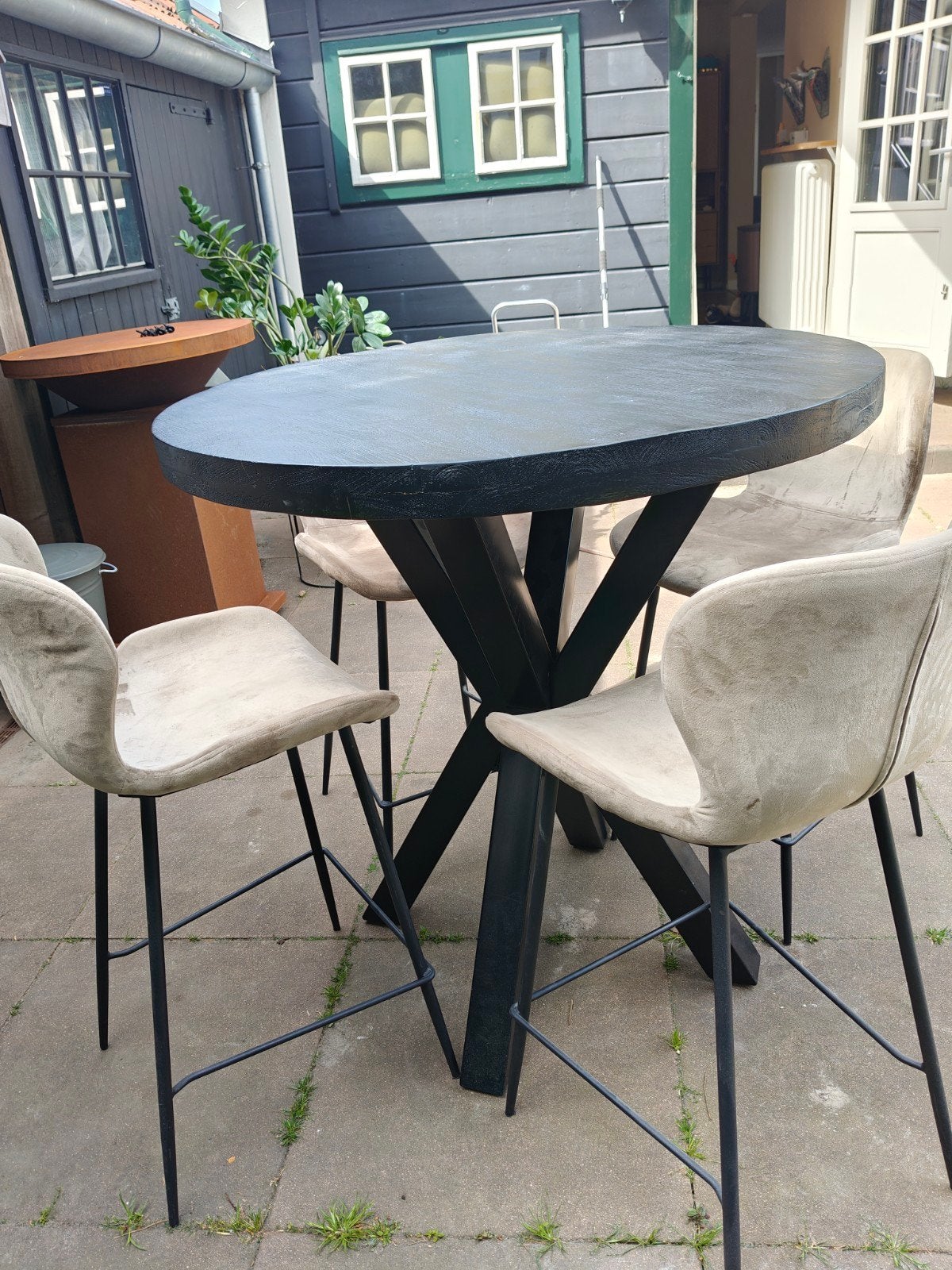 Ronde bartafel mangohout met barkrukken, Ophalen, 60 tot 90 cm, Zo goed als nieuw, 4 krukken