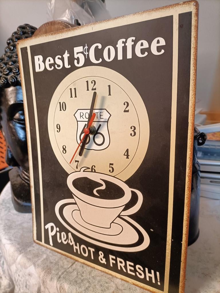 Klok Route 66 Best 5 Coffee. Pies Hot & Fresh, Ophalen of Verzenden, Wandklok