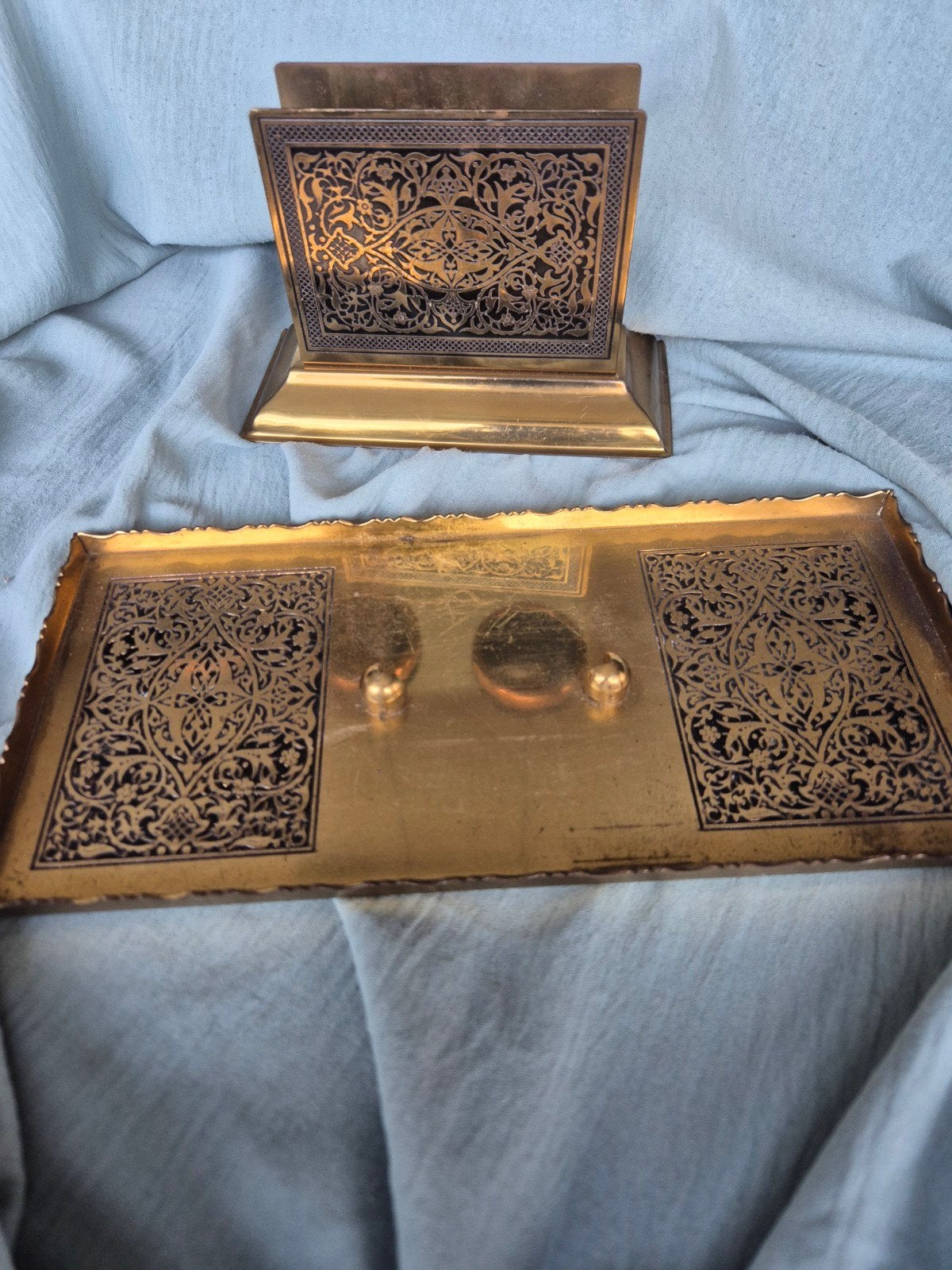 Antieke Vintage Messing Bureauset - Brievenhouder & Pennenb, Antiek en Kunst, Ophalen of Verzenden