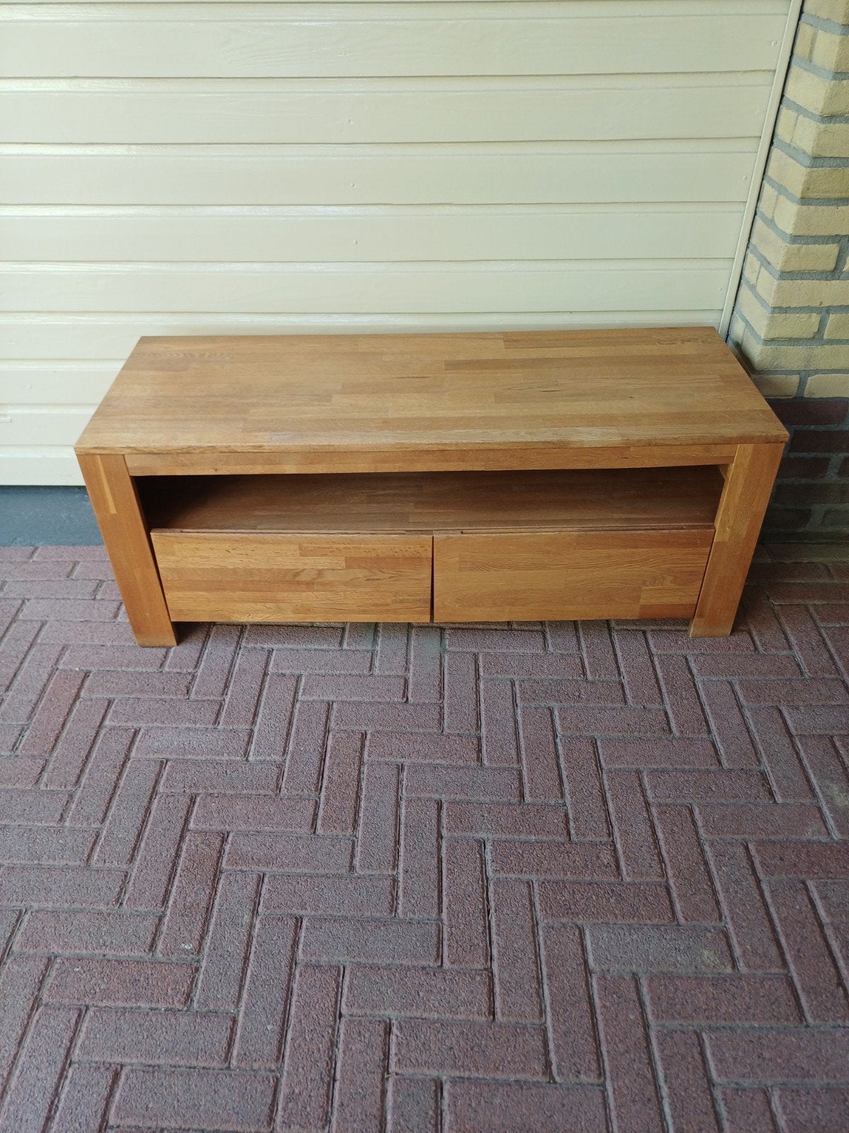 Massief eikenhouten tv-meubel met lades, Ophalen, Gebruikt, 100 tot 150 cm, Eikenhout